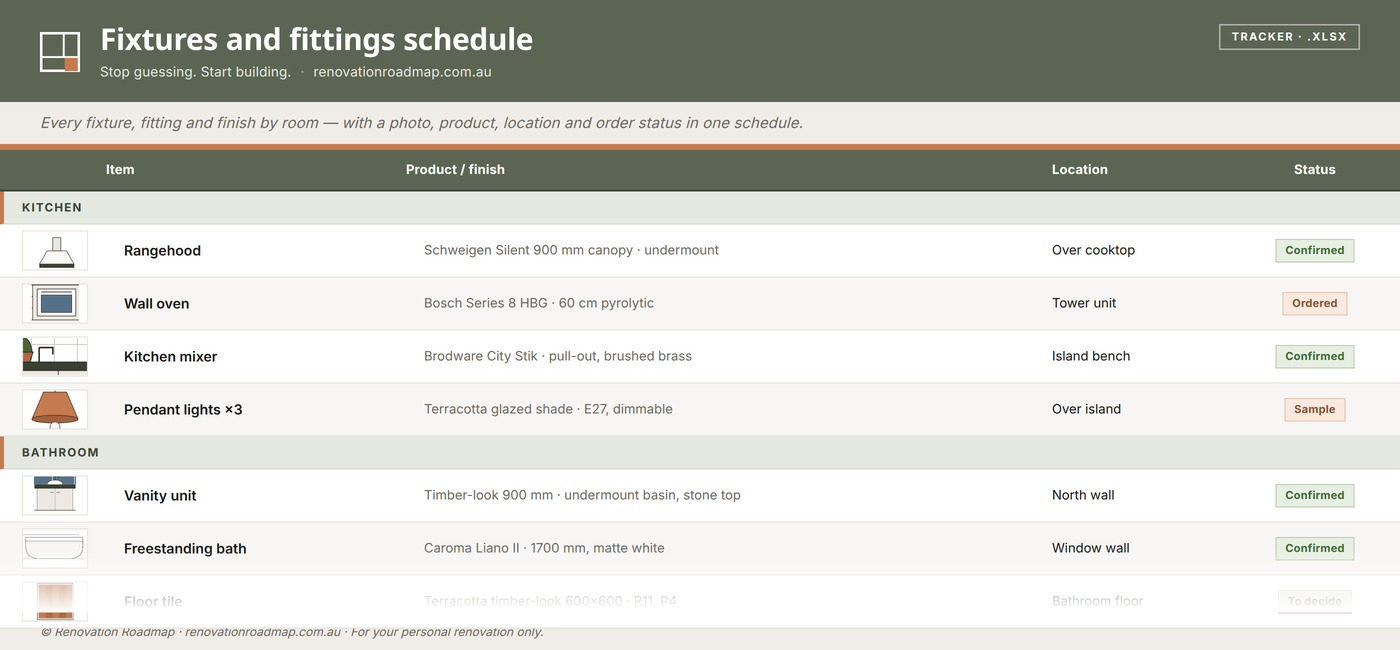 Fixtures and fittings schedule preview
